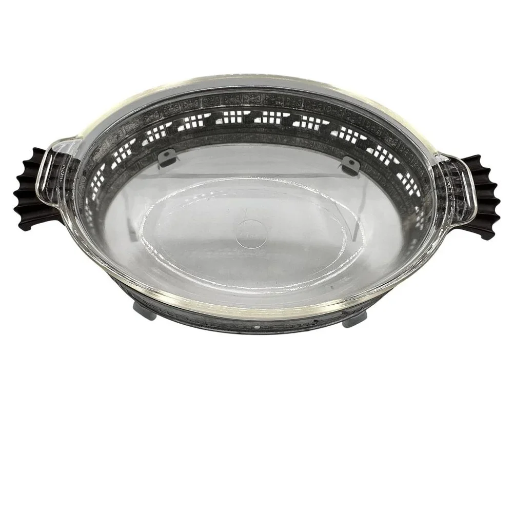 Pyrex 1.5qt Vintage Oval Glass Casserole Dish Etched Silver Plated Footed Holder